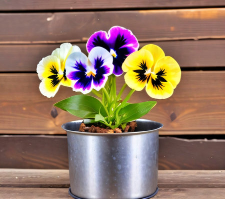Colorful pansy flowers in a metal pot on a wooden backgroundの素材