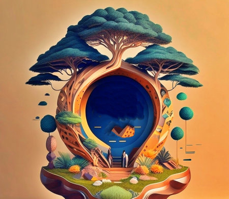 Illustration of a fantasy planet with a tree in the background.の素材