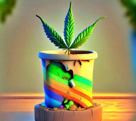 Cannabis plant in a pot on a wooden background. Indoor cultivation concept.の素材