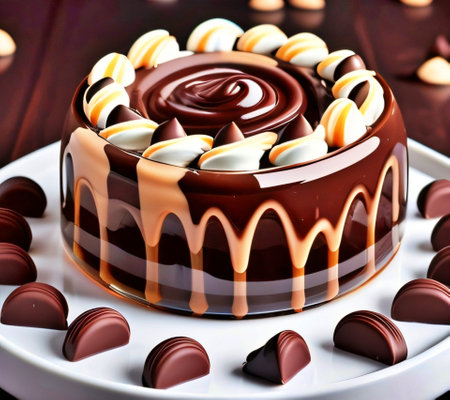 Chocolate cake with heart shaped chocolates. Shallow dof.の素材