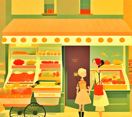 vegetables and flowers shopping carts on the street, illustration.created with Generative AI technology.の素材