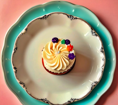 Cupcake with cream and berries on a plate, top viewの素材