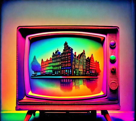 Old TV on the background of the city of Ghent, Belgiumの素材