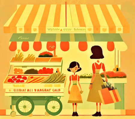 vegetables and flowers shopping carts on the street, illustration.created with Generative AI technology.の素材