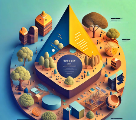 Vector isometric city landscape with buildings, roads, fields and treesの素材