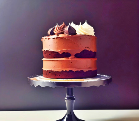 Chocolate cake with cream and chocolate on a stand on a dark backgroundの素材
