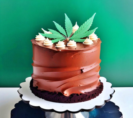 Cannabis cake with marijuana leaf on top, green background.の素材