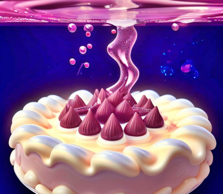 3d illustration of a chocolate cake with candies in water.の素材