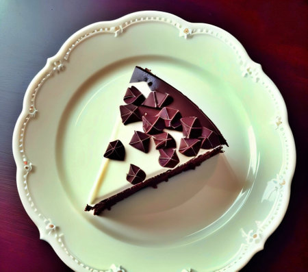 A piece of chocolate cake on a white plate. Top view.の素材