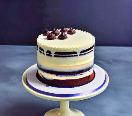 Chocolate cake with white chocolate frosting and cream on top.の素材
