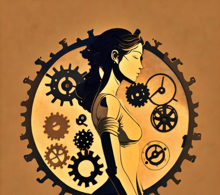 female silhouette is with gears on brown background.technology conceptの素材
