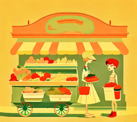 Vector illustration of a girl selling fresh fruits and vegetables in the marketの素材