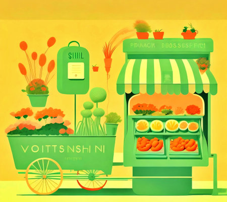 vegetables and flowers shopping carts on the street, illustration.created with Generative AI technologyの素材