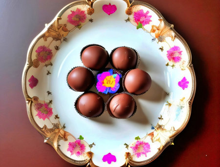 chocolate candies on a plate with flowers in the background.の素材