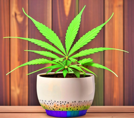 Cannabis plant in pot on wooden background. Indoor cultivation.の素材