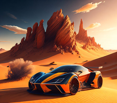 3D rendering of a brand-less generic concept car in the desertの素材