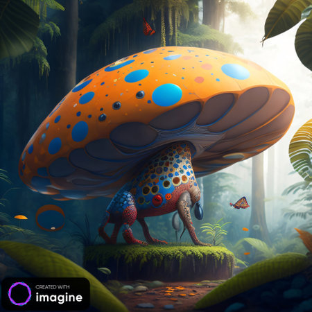 Fantasy landscape with a fantasy alien creature. 3d vector illustration.の素材