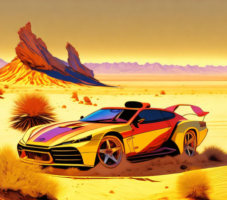 Sport car in the desert. 3D rendering. Computer digital drawing.の素材
