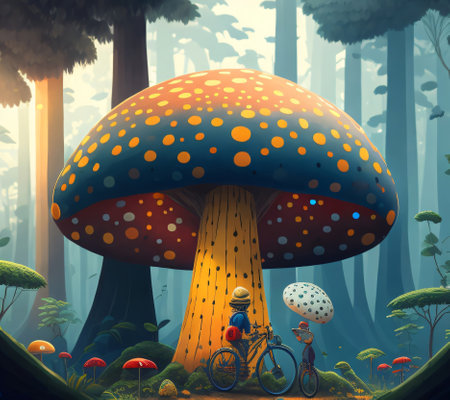 Fantasy forest with mushrooms and people on bicycles. Vector illustration.の素材