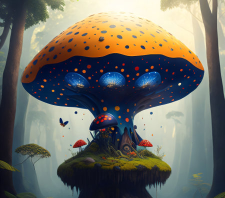 Fantasy mushroom in the forest. 3d illustration. Fantasy.の素材