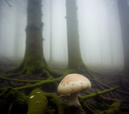 Mushroom in a foggy forest, with trees in the backgroundの素材