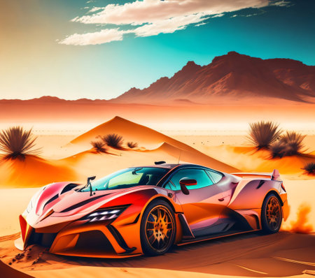 3D rendering of a brand-less generic concept car in the desertの素材