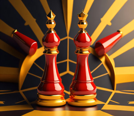 Chess concept. Red and gold chess pieces on black background. 3d illustrationの素材