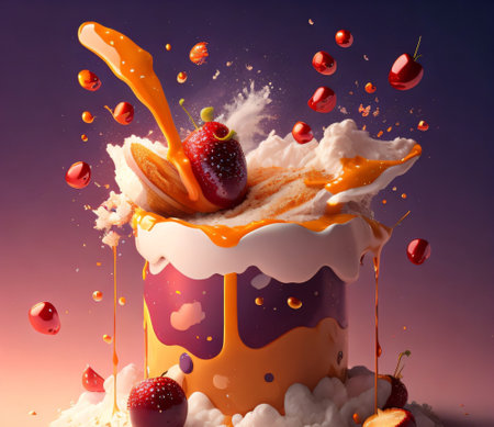 Delicious cupcake with splashes of cream and fruits. 3d renderingの素材