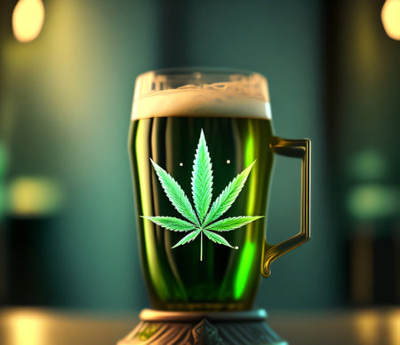 Marijuana leaf in a beer mug on a bar counter. 3d renderingの素材