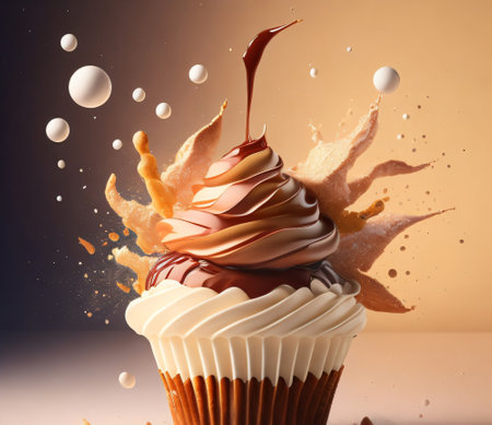 Cupcake with chocolate and cream splash on a brown background.の素材