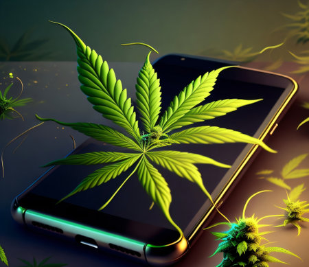 Smartphone with cannabis leaf on a dark background. 3d illustrationの素材