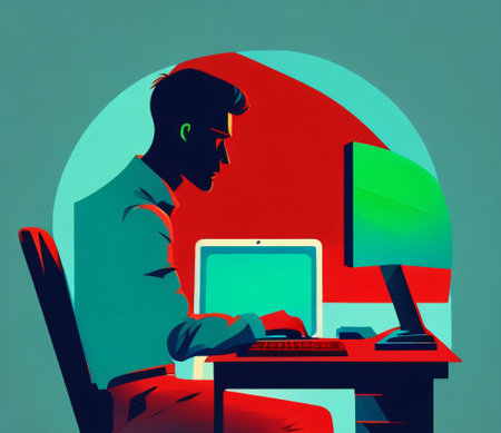 Man working at the computer. Pop art retro style. Vector illustration.の素材