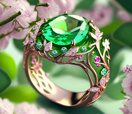 Jewelry ring with green emerald on a background of flowersの素材