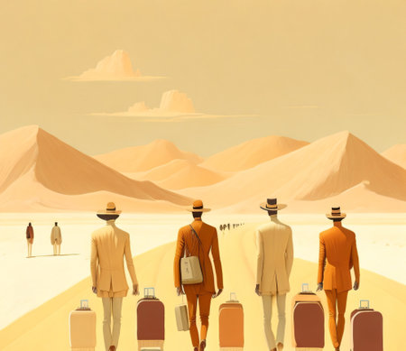 Travelers with suitcases in the desert. 3D illustration.の素材