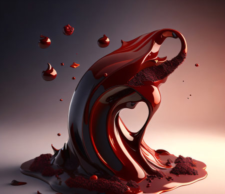 3D illustration of a chocolate splash with drops on a dark backgroundの素材