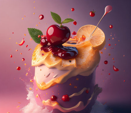 Fruit cake with cream and cherry on purple background. 3d renderingの素材
