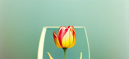 Colorful tulip in a glass vase on a green backgroundの素材