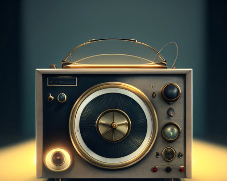Retro radio on dark background. 3D illustration. Vintage style.の素材