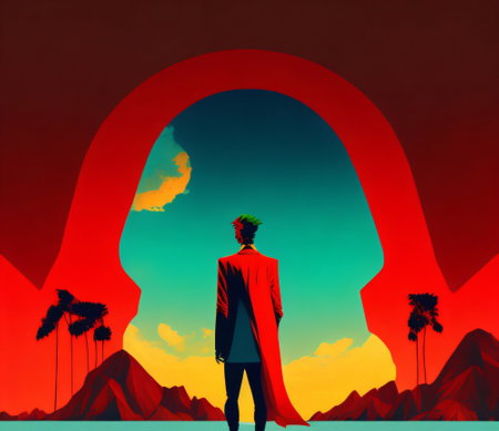 Man in a red raincoat in the desert.  illustration.の素材