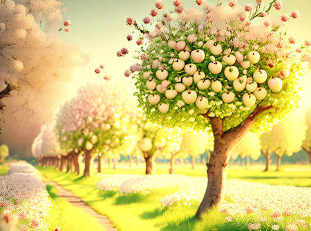 Apple tree with flowers in the garden. 3D illustration. Vintage style.の素材