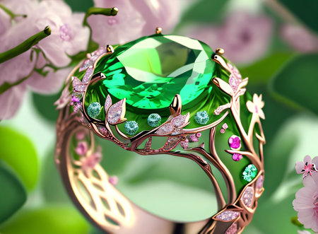 Jewelry ring with green emerald on background of flowers.の素材