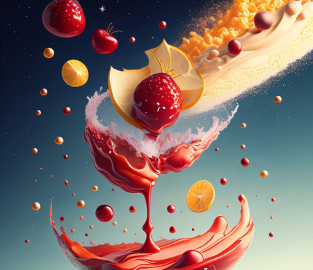 Fruit splashing into a glass of juice. 3d renderingの素材