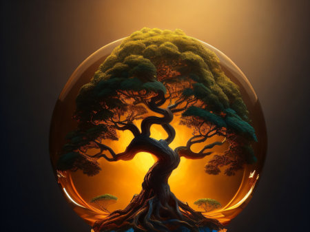 Fantasy tree in a glass sphere. 3D illustration. Selective focusの素材