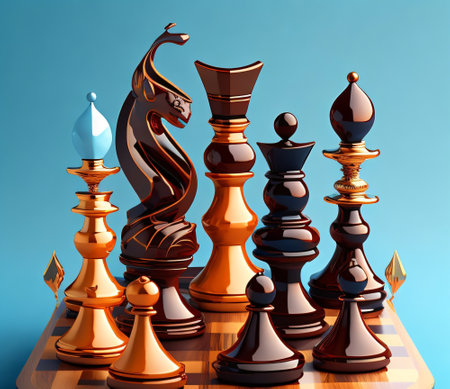 Chess pieces on a blue background. 3d render illustration.の素材