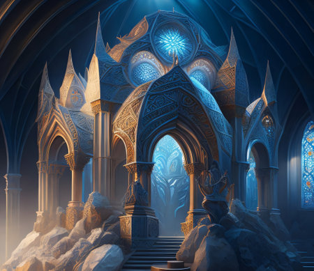 Mysterious dark gothic church interior. Fantasy 3D illustration.の素材