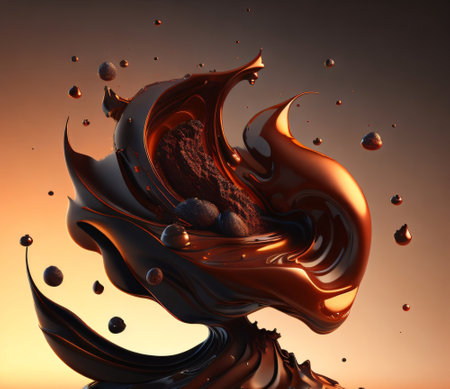 3d render of liquid chocolate with drops and waves on orange backgroundの素材