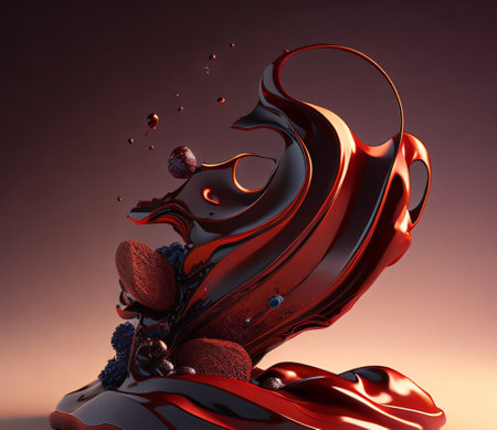 3d illustration of chocolate with red and black liquid on brown backgroundの素材