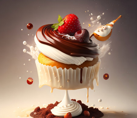 Cupcake with chocolate cream and strawberry on top, 3d illustrationの素材