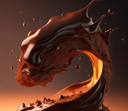Chocolate splash with drops on a dark background. 3d renderingの素材