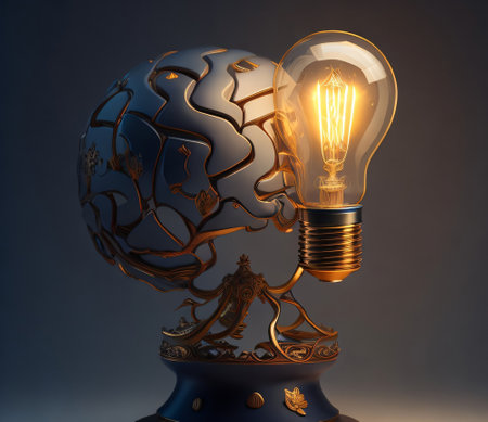 Conceptual image of a human brain with a glowing lightbulbの素材